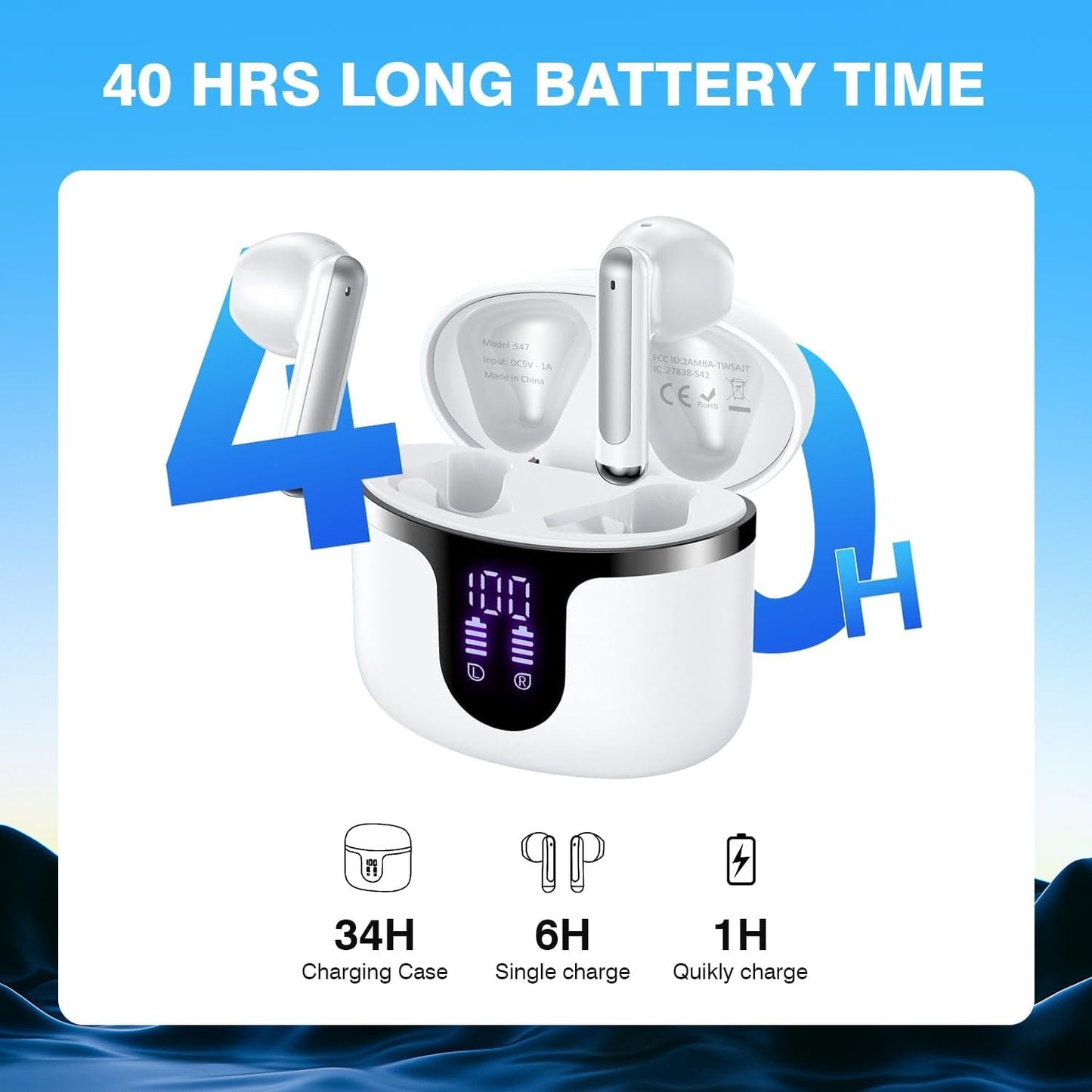Wireless Earbuds Bluetooth 5.3 LED Display Headphones with ENC Mic,40H Bluetooth Earphones in Ear Deep Bass Stereo Sound,Mini Ear Buds IP6 Waterproof,Touch Control for Work Sport