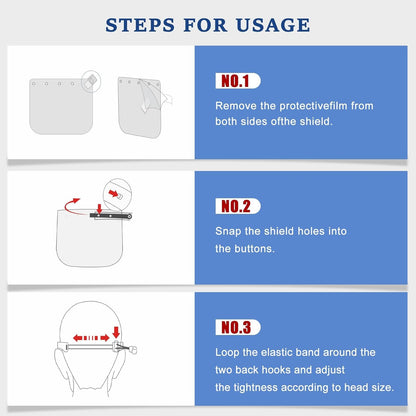 5 Pcs Safety Face Shields, Replaceable face Shields, Adjustable Face Cover, 1 Sets of Blue Reusable Brackets 5 Pcs Reusable 28 * 19.5cm Full Face Shield, Anti-Fog Replaceable Clear Protective Films