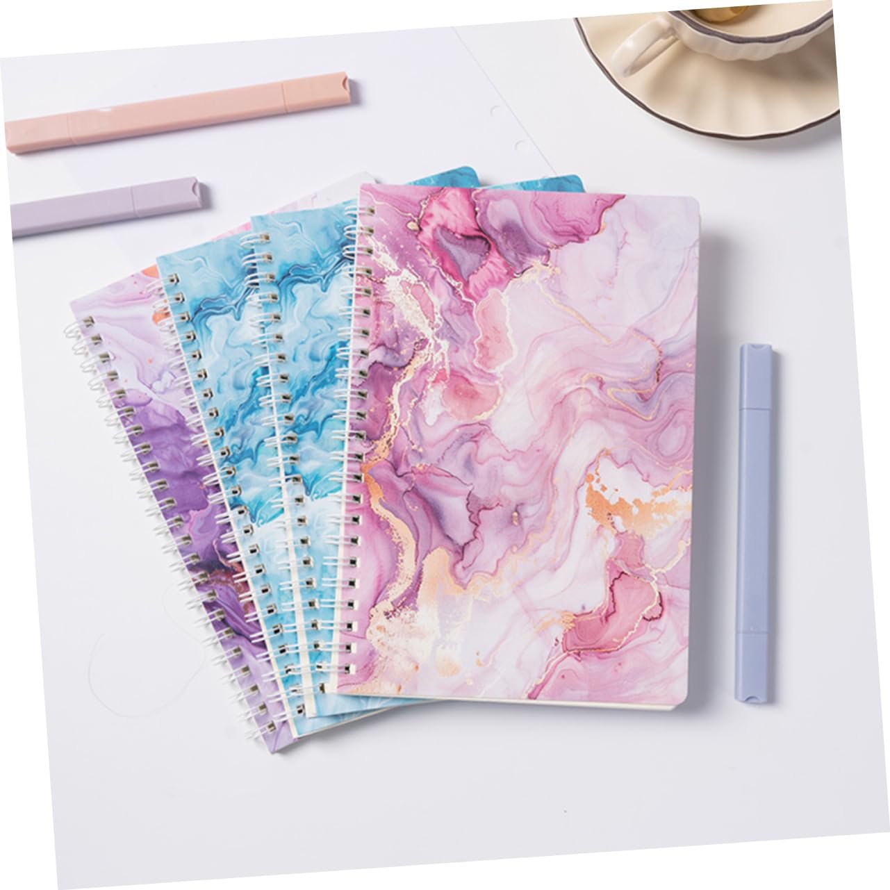 FONDOTIN 4pcs Spiral Planner Notebooks with Marble Design Pages Each Stylish College Ruled Notepad for Office School Supplies Durable Coil Binding Elegant Note Taking