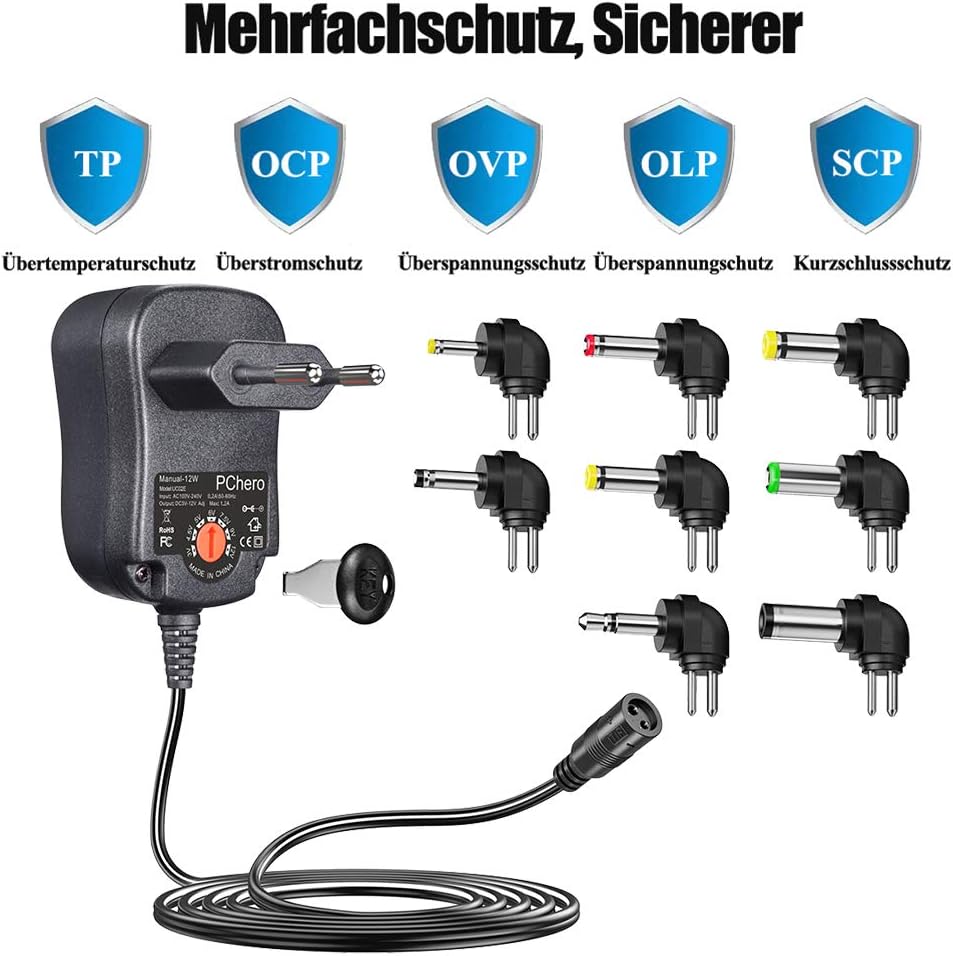 PChero 12W Universal AC/DC Power Supply with 8 DC Plugs, Suitable for Devices from 3 V to 12 V