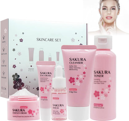Fengyang® Sakura Skin Care Kit 5 Piece Skin Care Set Sakura Skin Care Kit Moisturizing Gift Women Facial Tool With Cherry Blossom Extract (5set)