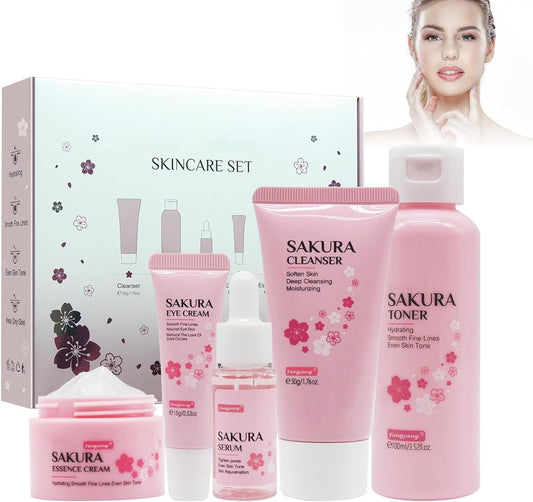 Fengyang® Sakura Skin Care Kit 5 Piece Skin Care Set Sakura Skin Care Kit Moisturizing Gift Women Facial Tool With Cherry Blossom Extract (5set)