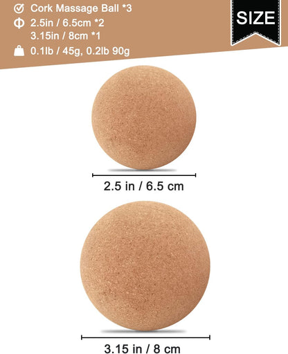 Cork Massage Ball Set, Lightweight Massage Ball for Deep Tissue Muscle Massage, Myofascial Release, Trigger Points, Muscle Knots, and Yoga Therapy, 2.4''+2.4''+3'' Lacrosse Massage Balls