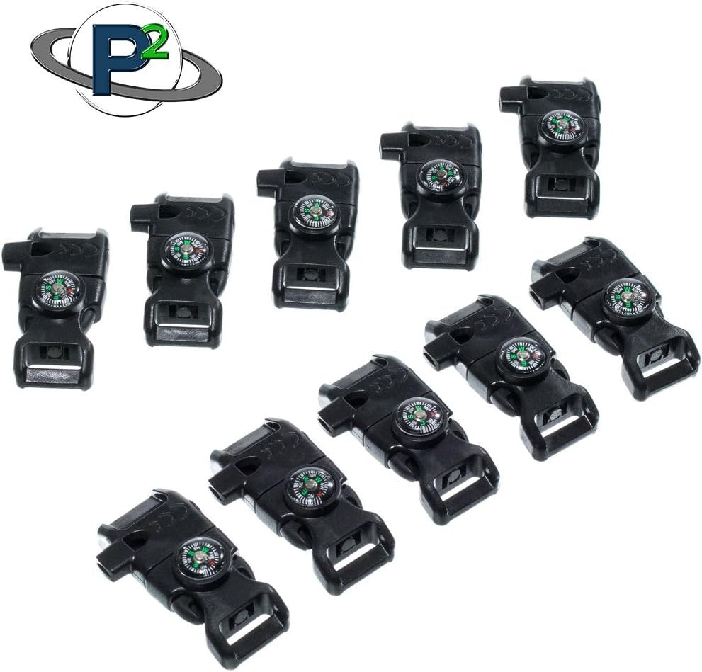 10 Piece Pack Black 5/8 Inch Compass Flint Firestarter Scraper Whistle Utility Buckles - Ideal for Camping, Paracord Bracelets, Outdoors, Emergency, Travel, Survival, Travel Kits