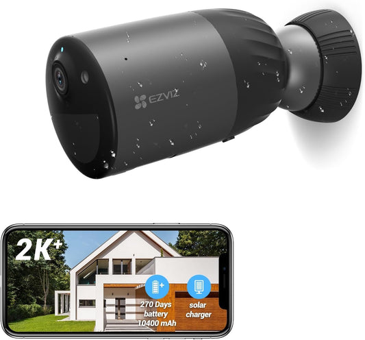 EZVIZ 2K+ Wireless Outdoor Security Camera, Battery/Solar Powered WiFi Surveillance Camera, Color Night Vision, Spotlight, AI Detection, Waterproof, Built-in 32GB/Cloud Storage (BC1C 4MP)