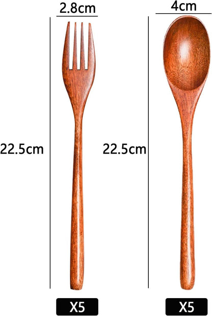 YIQXKOUY 10 Pack Wooden Spoons Forks Set Reusable Eco-Friendly Natural Wood Dinnerware Utensil Cutlery Wooden Dinner Utensil Set for Food Desserts Soup Salad Fruit for Cooking Stirring Eating