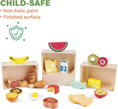 Food Groups - Wooden Play Food Sets, Pretend Play Kitchen Toys, Toy Food Accessories for Toddlers 1-3, Wood Play Fake Food for 1 2 3 Year Old Boys Girls Birthday Gift
