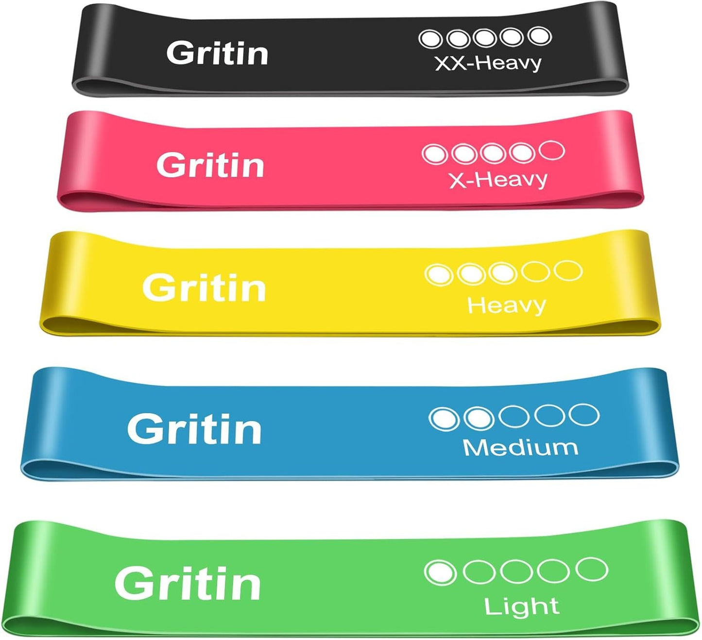 Gritin Resistance Bands, Set of 5 Skin-Friendly Resistance Fitness Exercise Loop Bands with 5 Different Strength Levels - Travel Carrying Case Included - Ideal for Home, Gym, Yoga, Training