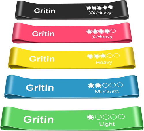 Gritin Resistance Bands, Set of 5 Skin-Friendly Resistance Fitness Exercise Loop Bands with 5 Different Strength Levels - Travel Carrying Case Included - Ideal for Home, Gym, Yoga, Training
