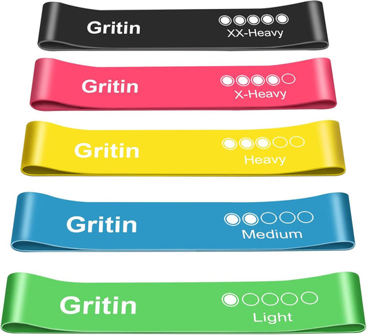 Gritin Resistance Bands, Set of 5 Skin-Friendly Resistance Fitness Exercise Loop Bands with 5 Different Strength Levels - Travel Carrying Case Included - Ideal for Home, Gym, Yoga, Training