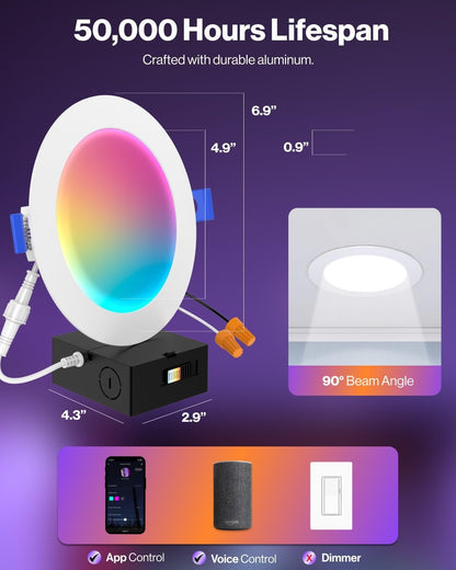 Sunco 4 Pack 6 Inch Smart Ultra Thin LED Recessed Ceiling Lights Slim, RGB+5000K Daylight, Dimmable, 15W, Canless Wafer with Junction Box - ETL.