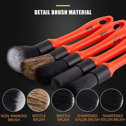 SPTA Car Detailing Brush Set – 5 Pieces with Different Hair and Mixed Plastic Handle – Cleaning Kit for Indoors, Outdoors, Wheels, Rims and Leather