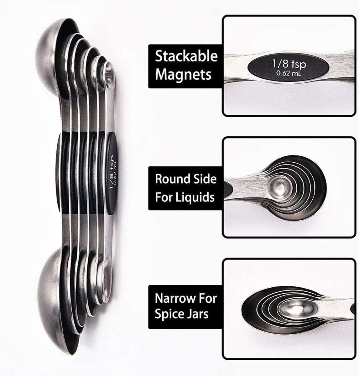 DILISS Magnetic Measuring Spoons Set, Dual Sided, Stainless Steel, Fits in Spice Jars, Set of 8 for Measuring Dry and Liquid Ingredients (Black)