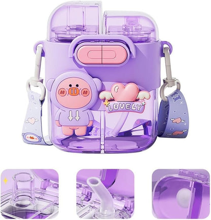 Chris. W Kawaii Water Bottle for Girls, 20oz Cute Water Bottles with Straw and Adjustable Strap, Two Different Drinks in One Cup, Cute Bunny Bottle with Bear and Heart for School Sport Travel, Purple