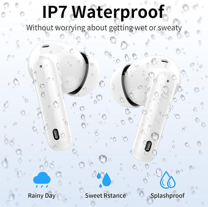 Wireless Earbuds, Bluetooth Headphones 5.4 HiFi Stereo, Wireless Earphones with ENC Noise Cancelling Mic, IP7 Waterproof in Ear Headphones, LED Digital Display Ear Buds, Touch Control, White