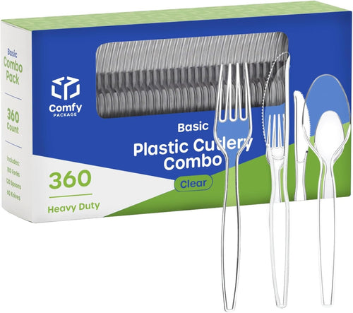 Comfy Package [360 Combo Pack] Basic Clear Silverware, Heavyweight Disposable Utensils - 180 Forks, 120 Spoons and 60 Knives Cutlery, Perfect for Wedding, Parties and Events
