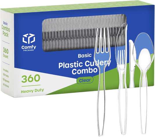 Comfy Package [360 Combo Pack] Basic Clear Silverware, Heavyweight Disposable Utensils - 180 Forks, 120 Spoons and 60 Knives Cutlery, Perfect for Wedding, Parties and Events