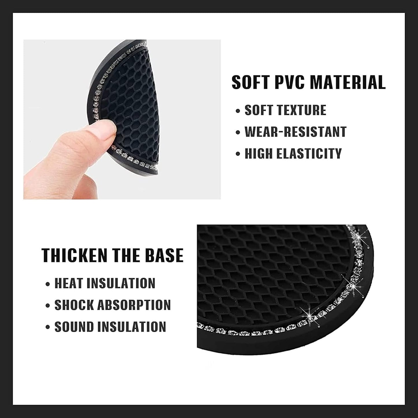 VIYNRAN 2 Pieces Bling Silicone Anti-Slip Cup Holder Insert Coaster and Engine Ignition Button Ring - Car Interior Accessories With Crystal Rhinestone (Black)