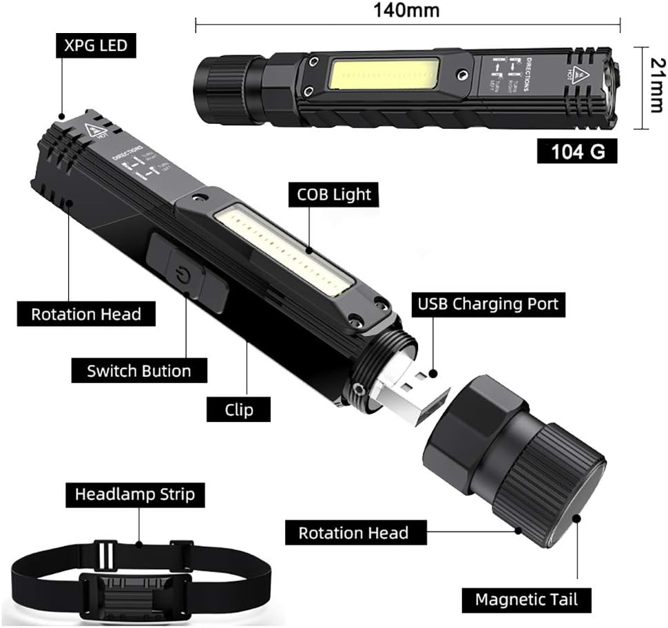 Portable Flashlight, 800 Lumens USB Rechargeable Tactical Flashlight, 90 Degree Rotate, Magnet Tail, Flashlight IPX4 Waterproof Led Flashlight 5 Modes, COB Work Light for Camping, Outdoor, Reading