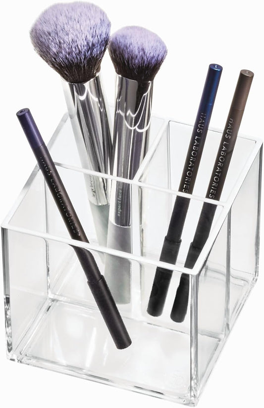 iDesign The Collection Makeups, 3 Compartments Bathroom Organizer from Sarah Tanno Signed Collection, Plastic Makeup Brush Holder for Pencils and Eyeliners, Transparent, 10.5 x 10.5 x 10.6 cm