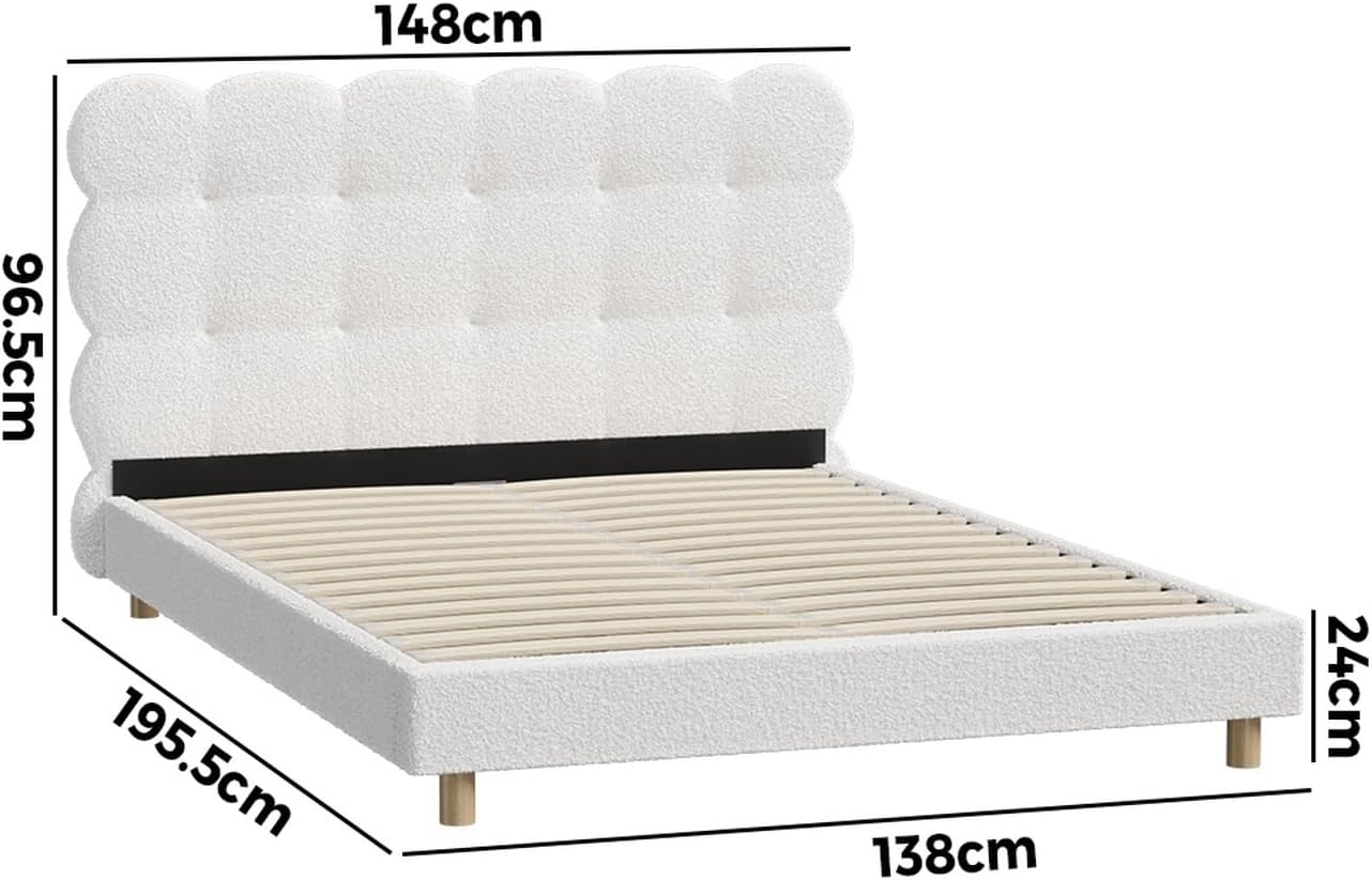 Oikiture Double Bed Frame Boucle Mattress Platform Bed Base White
