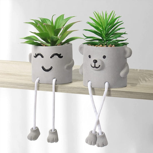 Alynsehom Artificial Potted Plant,Cute Fake Succulent Plant with Hanging Leg,Emotional Cement Faux Succulent Potted Plant Decor for Home Office Table Desk Living Room Shelves(Bear&Smile)