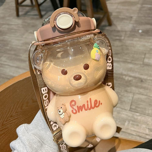 JQWSVE Kawaii Bear Straw Bottle, Cute Water Bottles with Kawaii Stickers, Leak-Proof Kawaii Bear Water Bottle for Girls School Office Travel