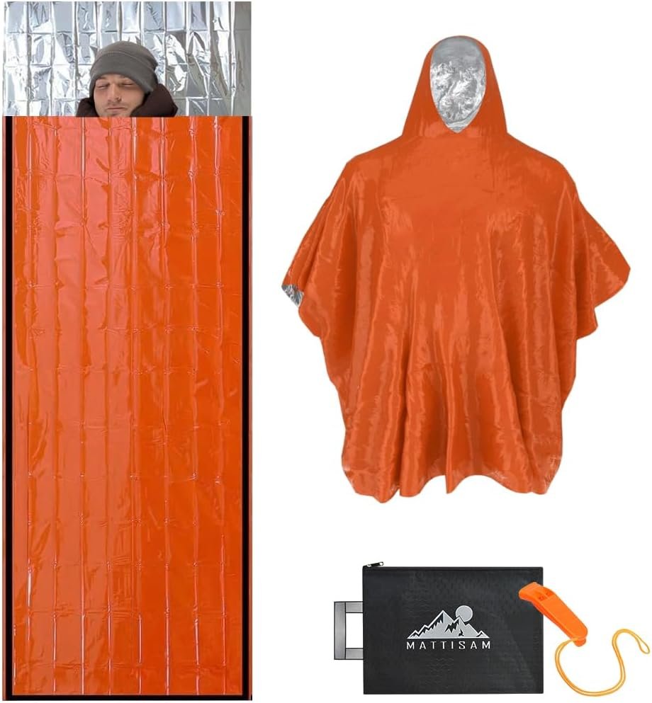 MATTISAM Emergency Sleeping Bag with Hood & Emergency Rain Poncho [2PCS], Ultralight Waterproof Thermal Mylar Foil Space Blanket Survival for Hiking Backpacking Camping