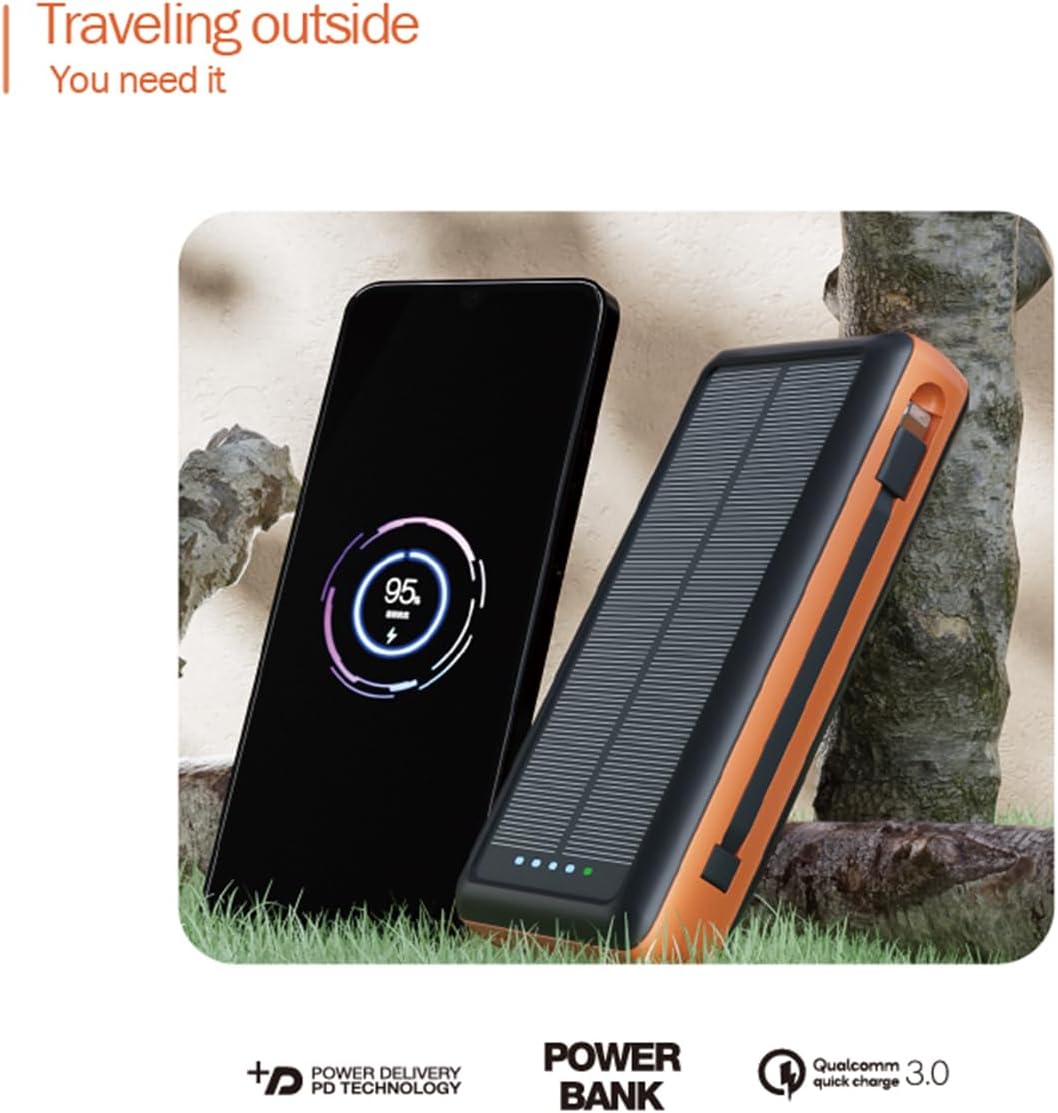 Solar Charger Power Bank, 20000mAh Portable Phone Charger Built-in 2 Output Cable with USB C in/Output, PD20W QC 3.0 Fast Charging and Flashlight for iPhone Samsung Huawei Google etc (Orange)