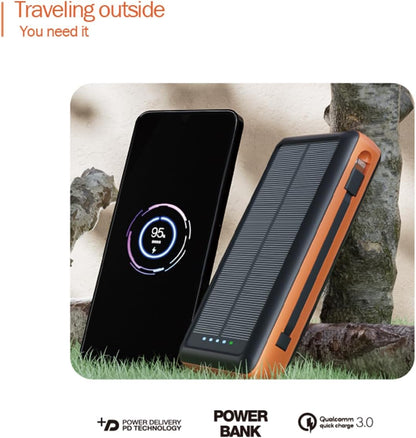 Solar Charger Power Bank, 20000mAh Portable Phone Charger Built-in 2 Output Cable with USB C in/Output, PD20W QC 3.0 Fast Charging and Flashlight for iPhone Samsung Huawei Google etc (Orange)