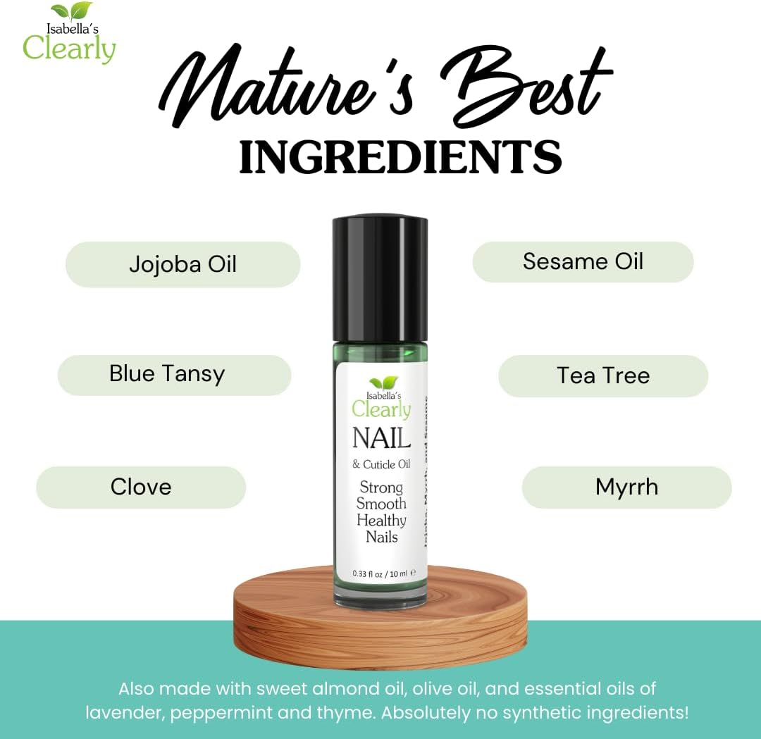 Isabella's Clearly NAIL and Cuticle Oil for Strong Nails and Soft Cuticles | Strengthening Roll On Nail Oil with Tea Tree, Jojoba and Blue Tansy to Repair and Nourish | Natural Essential Oil Blend