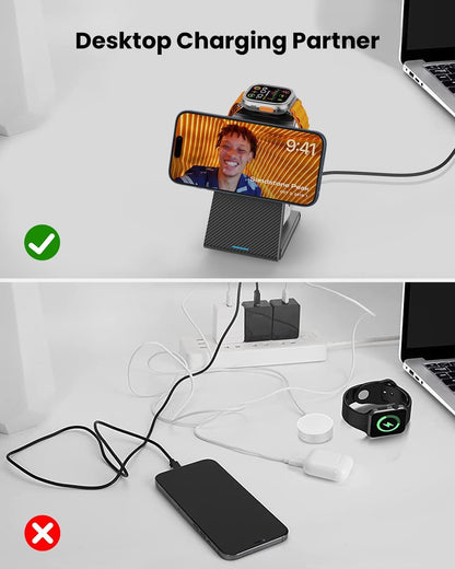 3 in 1 Wireless Charging Station Magnetic, Foldable Wireless Charger Stand for Multiple Devices, Wireless Charger for iPhone 16/15/14/13/12, Apple Watch 9/8/7/6/SE/5/4/3/2, AirPods 4/3/2/Pro