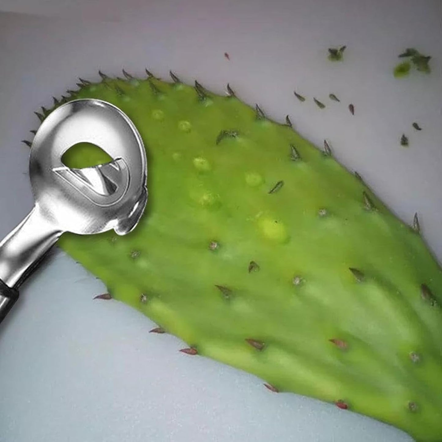 Cucchiaio pelapatate per cactus, in acciaio inossidabile, strumento multifunzionale per sbucciare i cactus, utensile da cucina con manico lungo, gadget da cucina per nopales e verdure (2 pezzi)