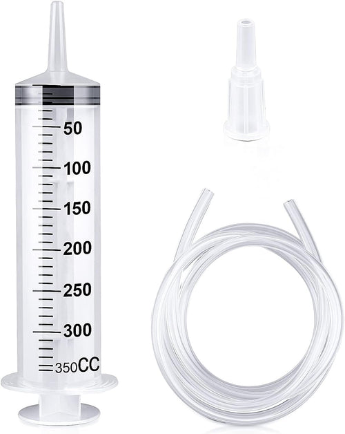 Large Capacity Plastic Syringe with 1m Tube, Reusable Plastic Syringe with Tubing for Pet Feeding, Scientific Labs, Watering, Refilling, Multiple Uses (350ML)