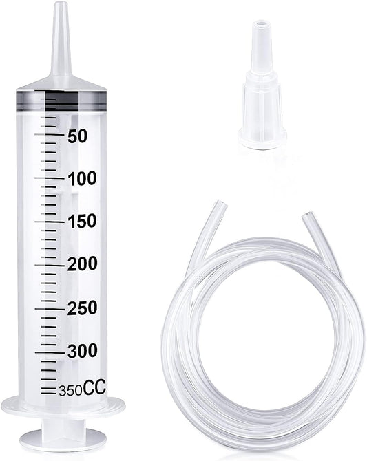 Large Capacity Plastic Syringe with 1m Tube, Reusable Plastic Syringe with Tubing for Pet Feeding, Scientific Labs, Watering, Refilling, Multiple Uses (350ML)