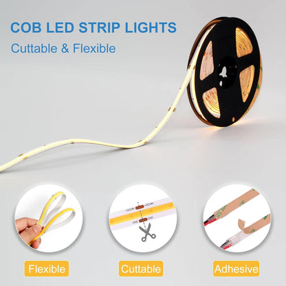 LLTOP COB LED Strip Lights Warm White 3000K, DC24v 16.4ft/5m High CRI 92Ra+ Flexible LED Tape Lighting DIY Cuttable for Bedroom Kitchen Cabinet Shelf (Power Supply&Dimmer Not Included)