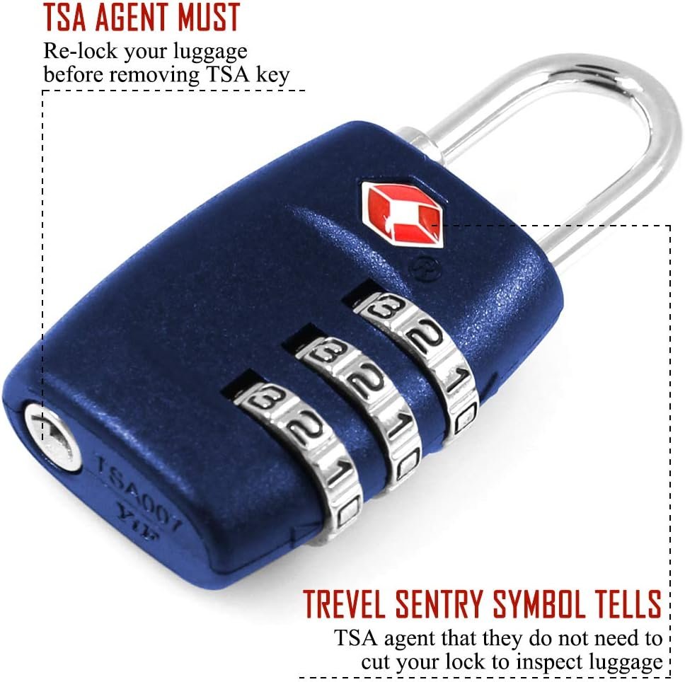 DanziX TSA Approved Lock and 4 Colors Stainless Steel Safety Tetherï¼Œ3-Dial Combination Travel Luggage Lock with Lanyard Security Cable for Protect Your Different Sizes of Suitcase,Baggage-Deep Blue