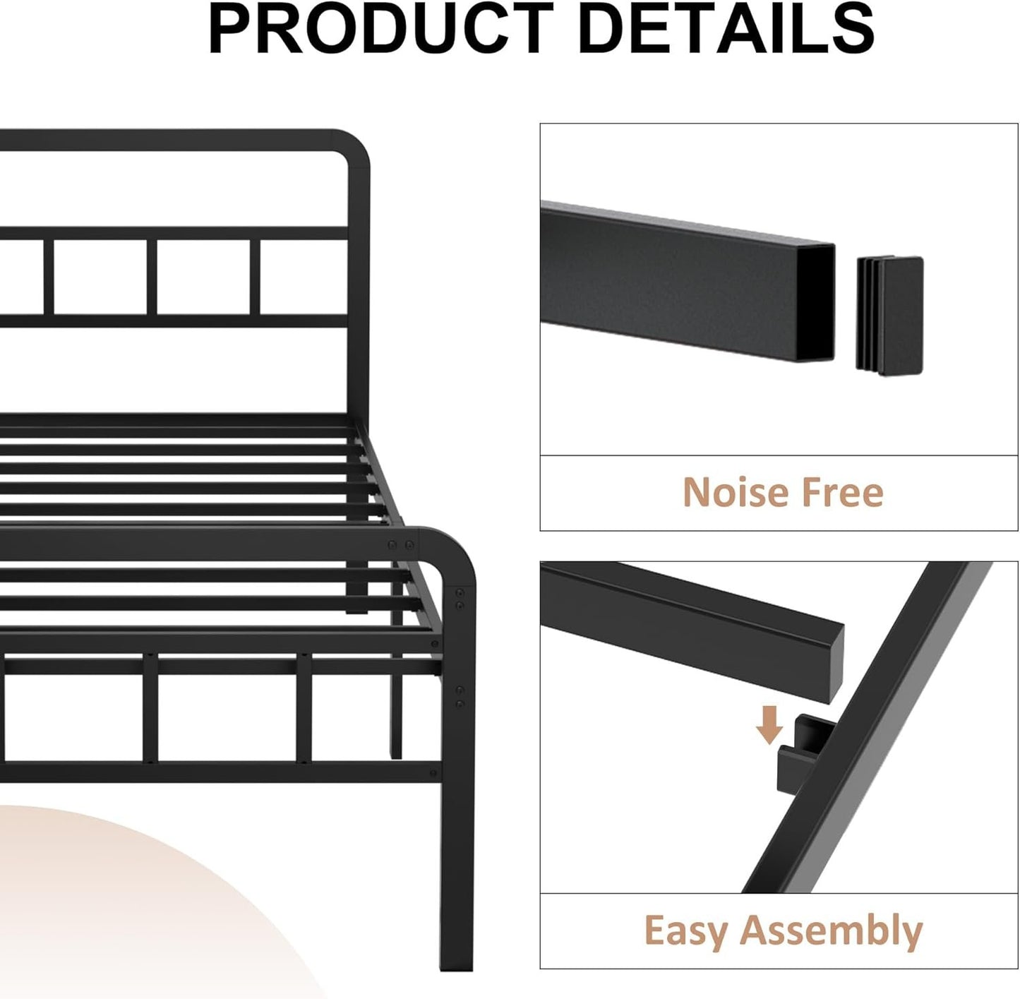 Richwanone 16 inch Queen Bed Frame with Headboard and Footboard, Metal Platform with Steel Slat Support, No Box Spring Needed, Easy Assembly, Black