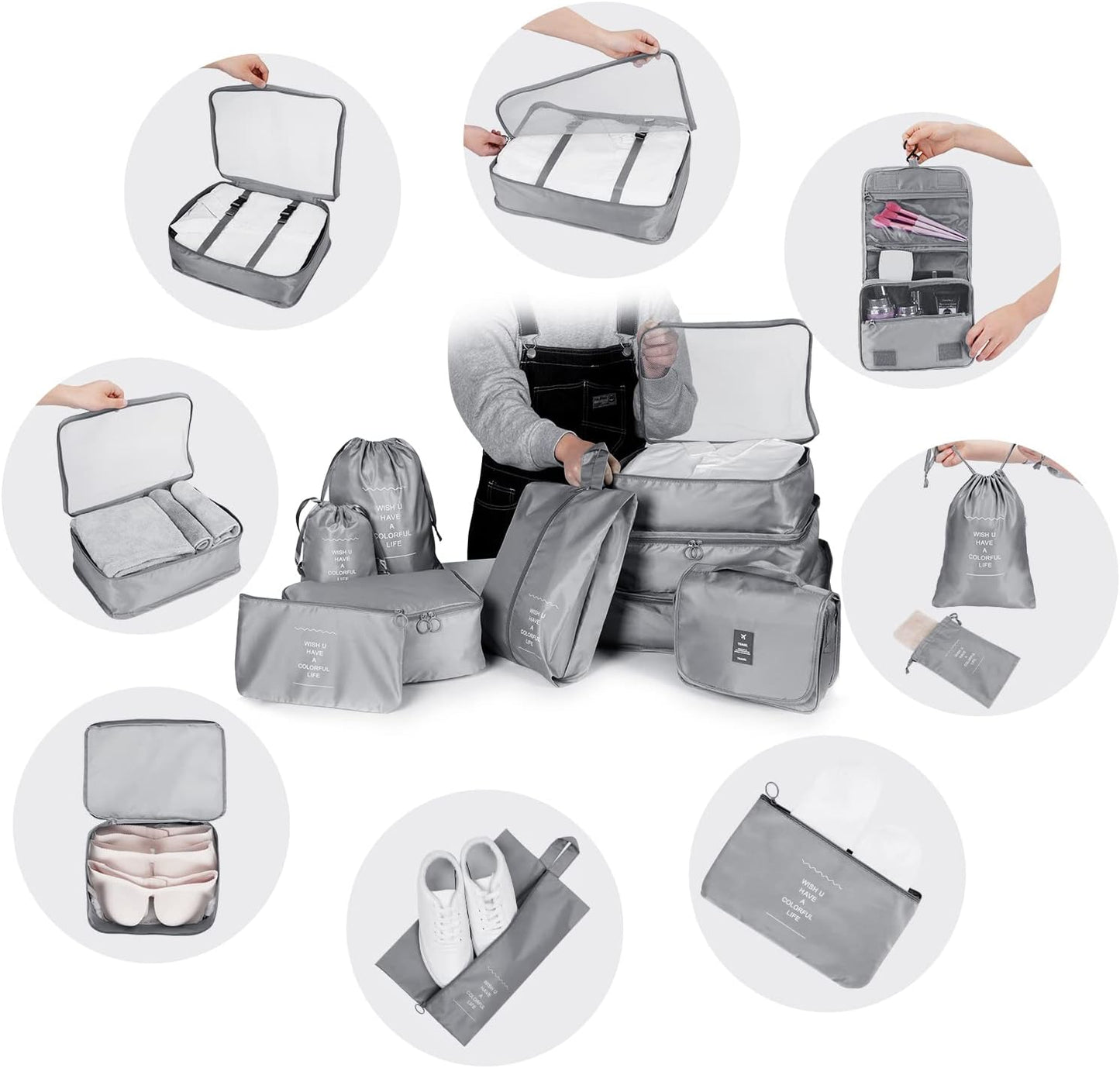 TAMOWA Organizer Suitcases Set of 9, Travel Cube Packing Cubes, Cosmetics Clothing Underwear Footwear Organizers Sacks Storage Suitcase Set, grey