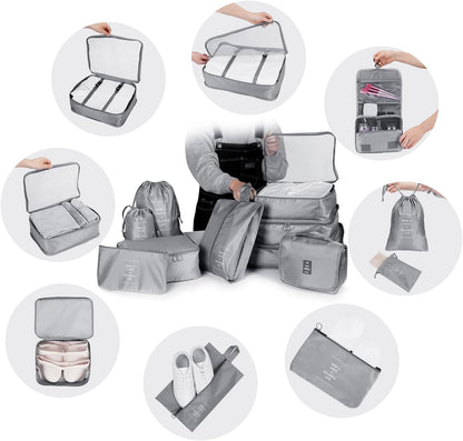 TAMOWA Organizer Suitcases Set of 9, Travel Cube Packing Cubes, Cosmetics Clothing Underwear Footwear Organizers Sacks Storage Suitcase Set, grey