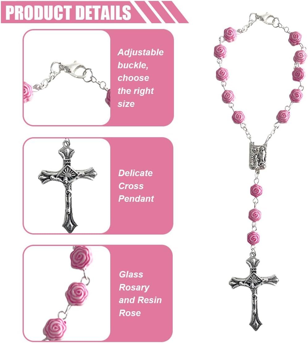 Smilfuy 2PCS Car Rosary, Pink Rosary Pendant, Car Interior Rear View Mirror Charm, Auto Decors, Cross Personalized Hanging Accessories for Women Men (Rose)