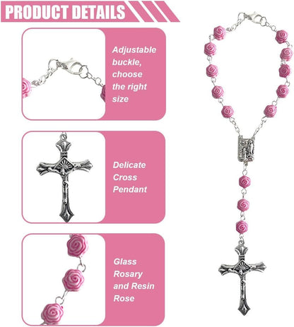Smilfuy 2PCS Car Rosary, Pink Rosary Pendant, Car Interior Rear View Mirror Charm, Auto Decors, Cross Personalized Hanging Accessories for Women Men (Rose)