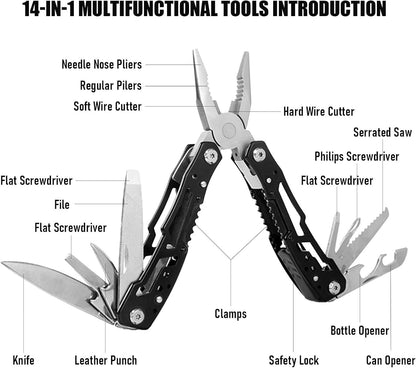 LMX 14 in 1 Pocket Multitool Pliers, Gifts for Men, with Safety Lock and Nylon Sheath for Survival, Camping, Hunting, Fishing and Hiking (Black)