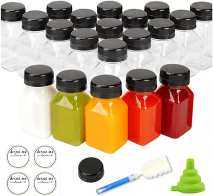10pcs 4oz Plastic Juice Bottles with Caps Clear Bottles with Label, Funnel and Brush, Bulk Beverage Drink Containers for Mini Fridge, Juicer Shots, Small Water, Milk