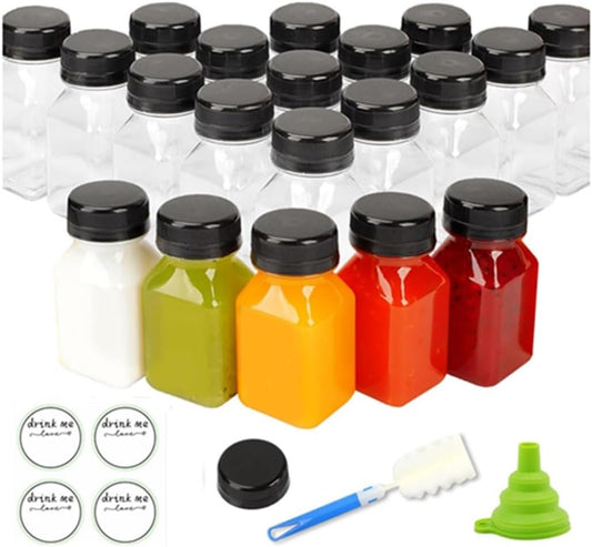 10pcs 4oz Plastic Juice Bottles with Caps Clear Bottles with Label, Funnel and Brush, Bulk Beverage Drink Containers for Mini Fridge, Juicer Shots, Small Water, Milk
