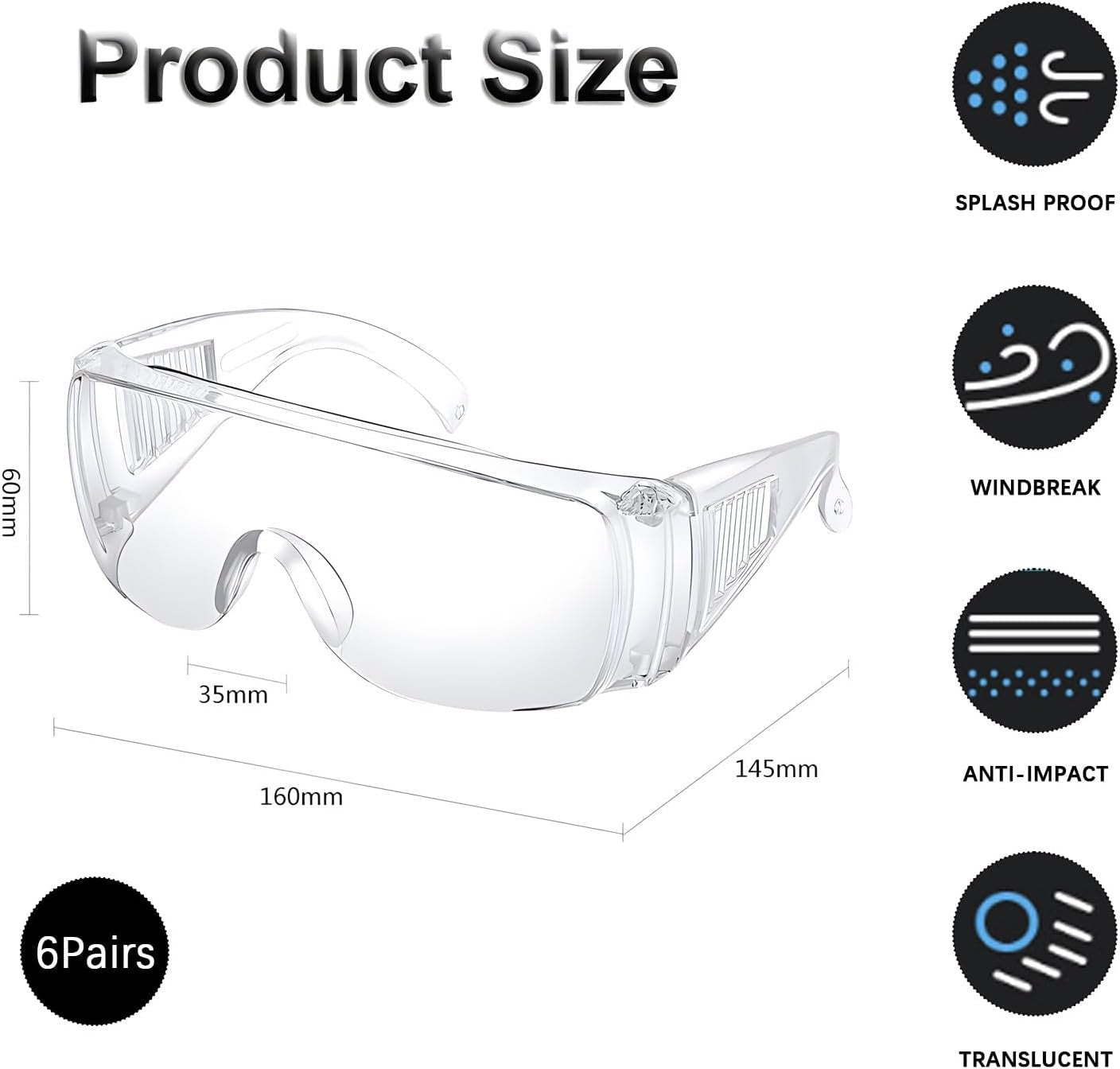 6 Pairs Clear Safety Glasses Over Eyeglasses Goggles Clear Glasses Anti- Fog/Scratch Eye Protection Polycarbonate Protective Eyewear Safety Goggles For Shooting, Lab, Outdoor, Workplaces