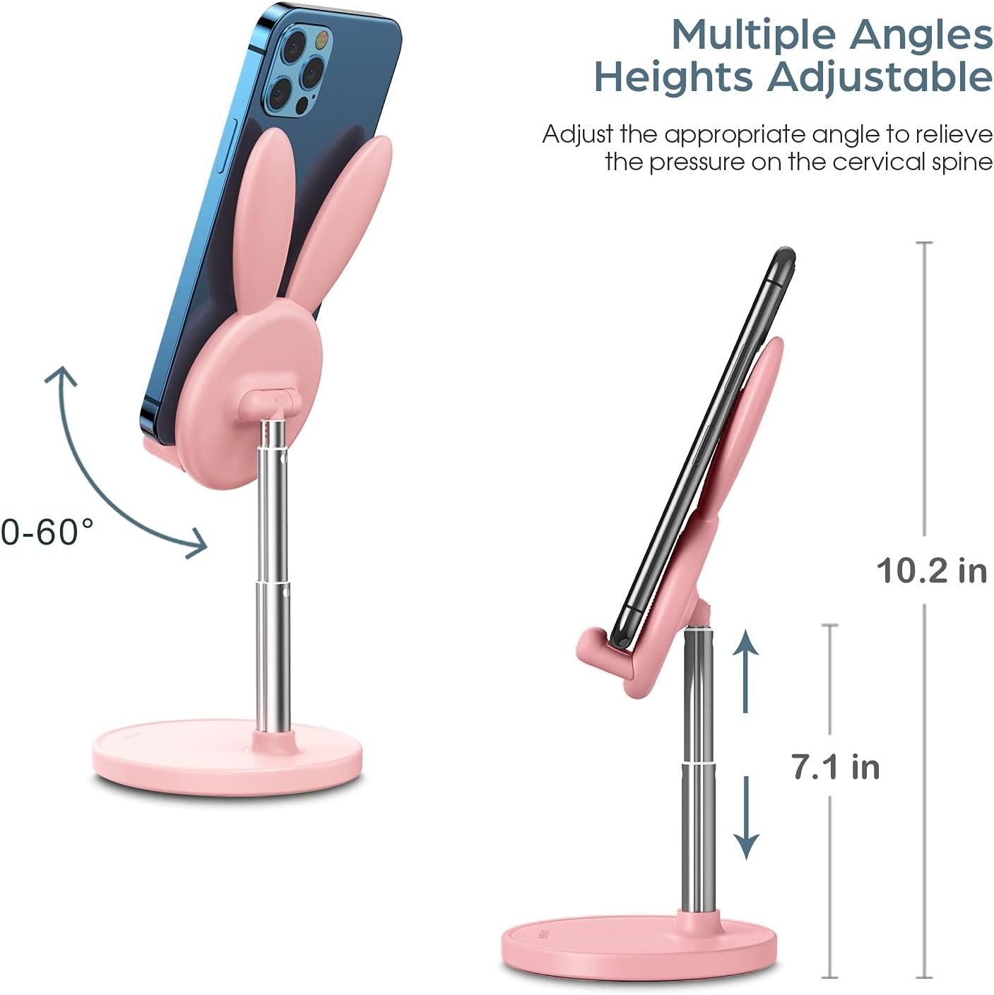 OATSBASF Cute Cell Phone Stand, Adjustable Bunny Phone Stand for Desk, Thick Case Friendly Holder Compatible with iPhone, Kindle, iPad, Switch, All Phones (Pink)
