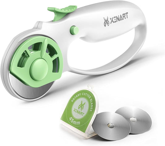 Xinart 45mm Rotary Cutter for Fabric Safety Lock Ergonomic Classic Comfort Loop Fabric Small Rotary Cutter for Sewing Quilting Crafting (Extra 2pcs Replacement Blades Included)-Green