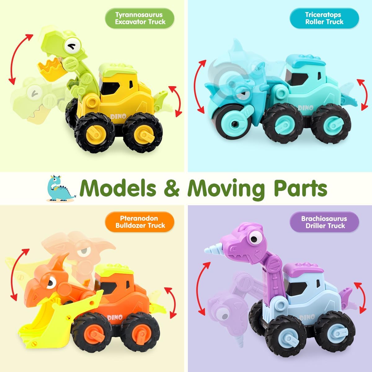 KaeKid Dinosaur Truck Toys for Toddlers, Press and Go Car Toys, Kids Construction Vehicles Playset, Infant Play Vehicle Set, Birthday Gift Toys for 18 Months + Boys Girls