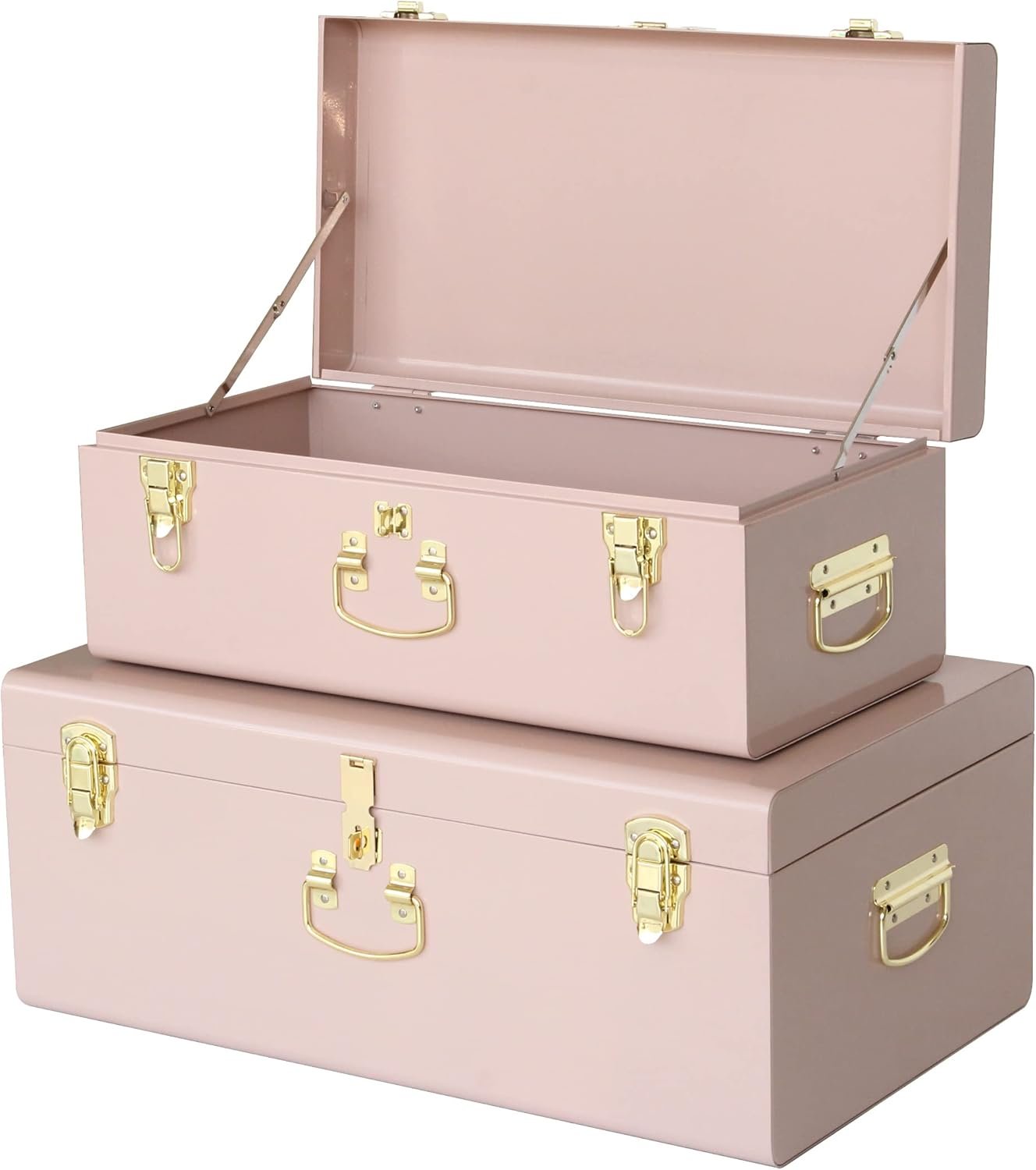 Vixdonos Decorative Metal Box Storage Trunks Set of 2 College Dorm Chest with Handle (Pink)